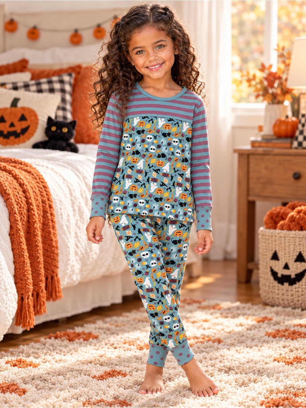 Matilda Jane Girls Size 8 Halloween Pajama Set Ghosts Cats Pumpkins Teal